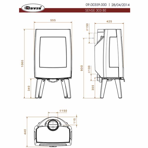 Lijntekening maatvoering Dovre Sense 303 houtkachel