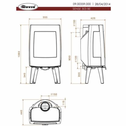 Lijntekening maatvoering Dovre Sense 303 houtkachel