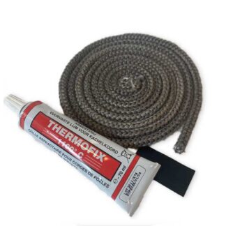 Universele reparatieset met 7mm kachelkoord, hittebestendige lijm en eindtape.