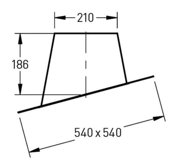 Maattekening voor holetherm dakplaat 200mm dubbelwandige kachelpijp. Schuin dak