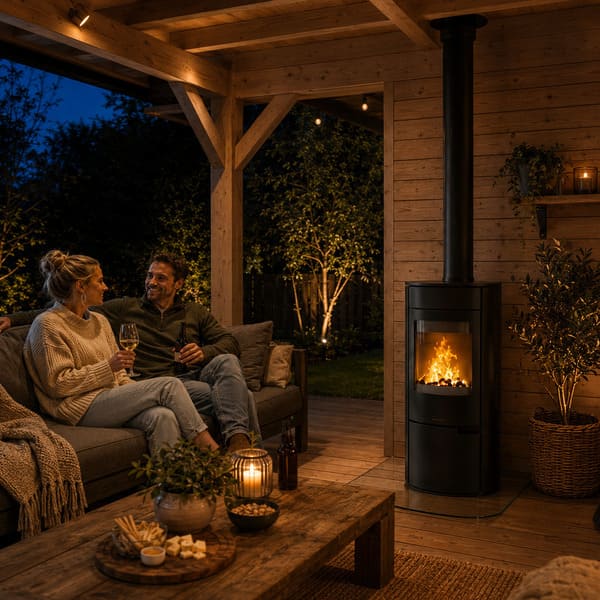 Schiedel Sirius houtkachel brandend in een veranda